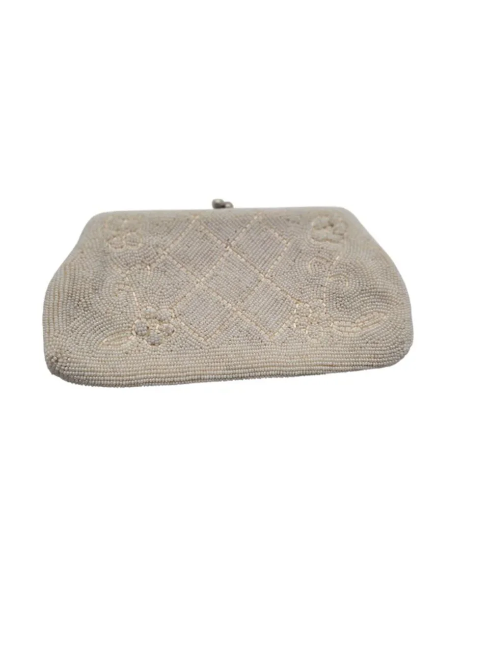 Vintage 1960s White Micro Beaded Evening Bag With Floral Pattern 8x4in